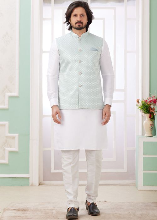 Mint Green Nehru Jacket Kurta Pajama With Embroidery