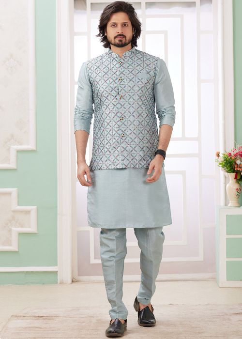 Grey Art Silk Kurta Pajama With Patterned Jacket