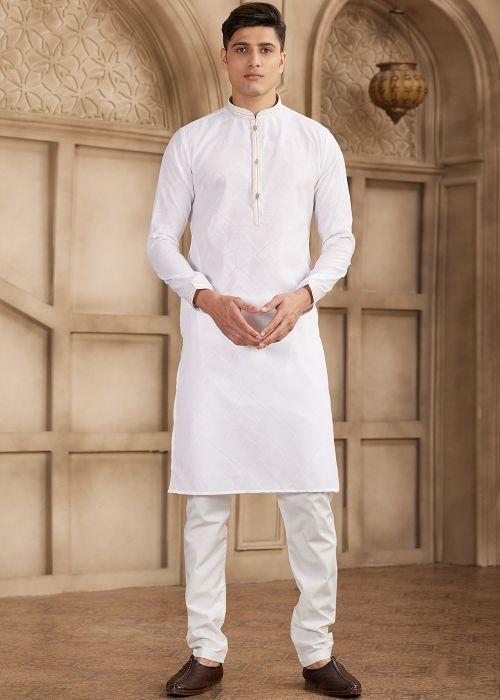 White Art Silk Kurta Pajama With Subtle Weave