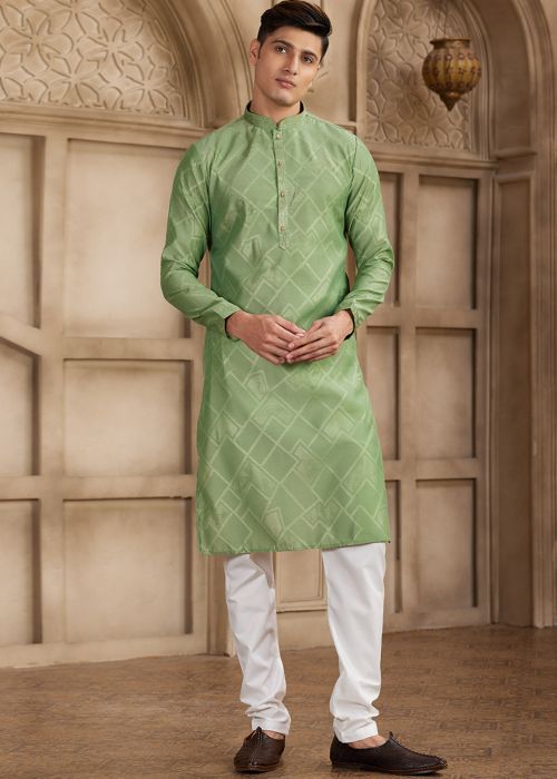 Green Art Silk Kurta Pajama With Check Weave