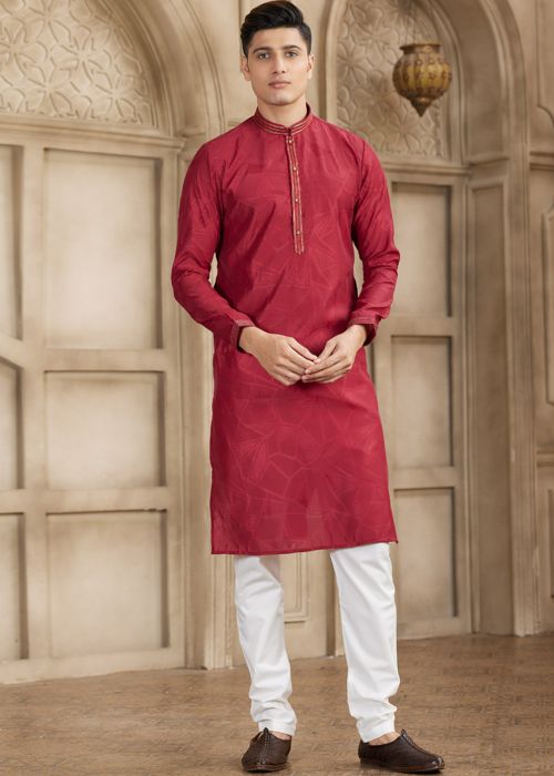 Maroon Art Silk Kurta Pajama With Textured Weave