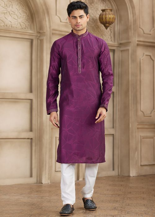Purple Art Silk Kurta Pajama With Woven Texture