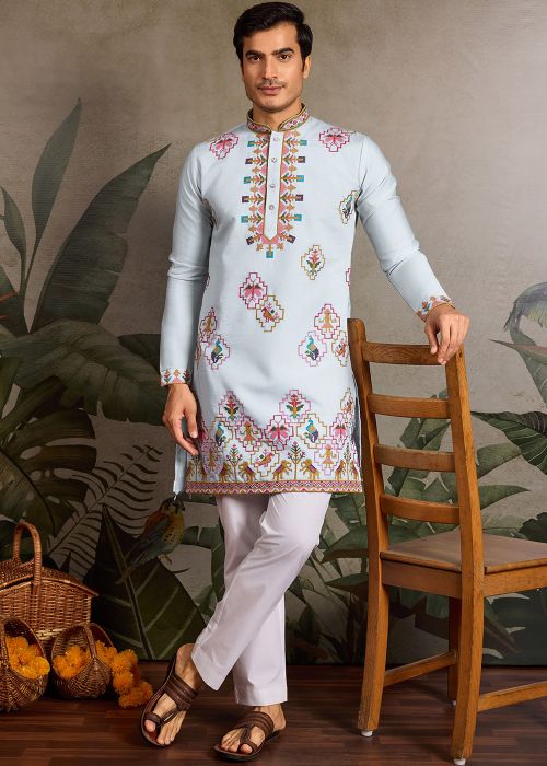 Sky Blue Viscose Kurta With Thread Embroidery
