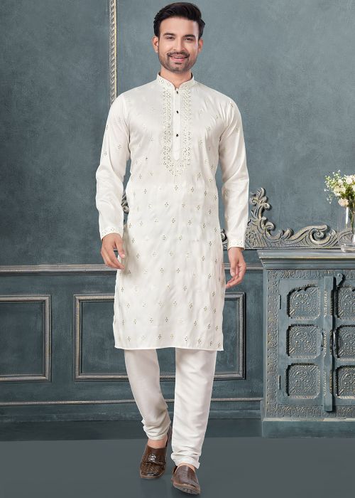 White Art Silk Kurta Pajama With Thread Embroidery