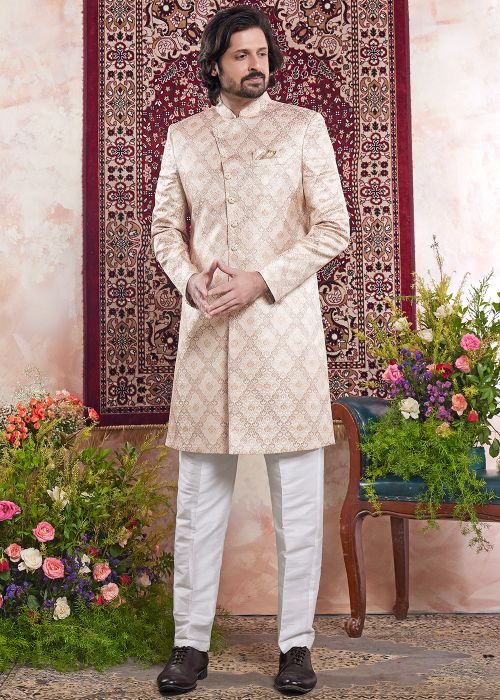 Beige Woven Work Indo Western Sherwani