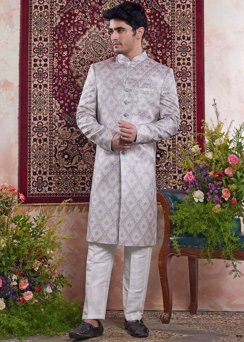 Grey Men Indo Western Sherwani In Woven Work