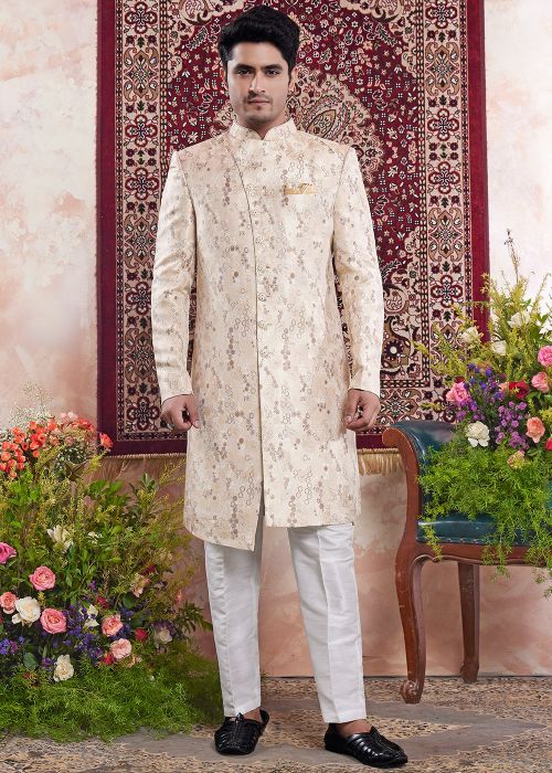 Cream Men Woven Indo Western Sherwani