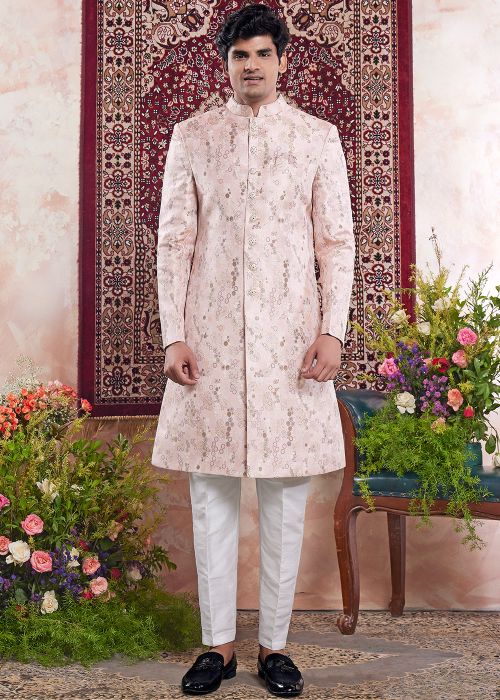 Pink Indo Western Sherwani In Woven Work