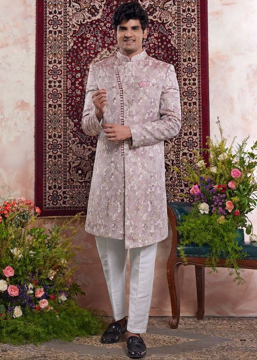 Onion Pink Men Indo Western Sherwani In Woven Work