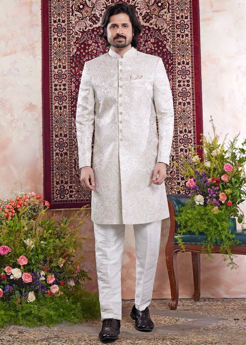 White Woven Indo Western Sherwani