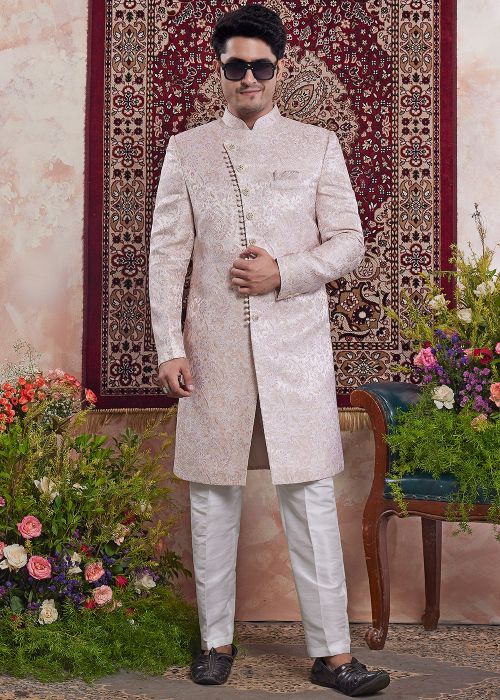 Pink Indo Western Sherwani In Woven Work