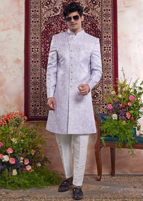 Lavender Men Indo Western Sherwani In Woven Work