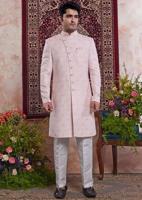 Pink Indo Western Sherwani In Woven Work