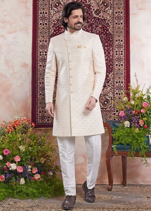 Cream Men Woven Indo Western Sherwani