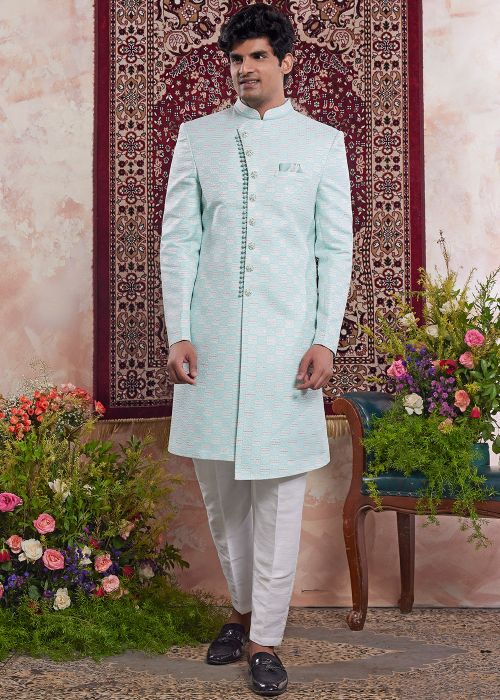 Green Woven Indo Western Sherwani