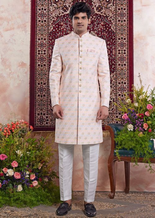 Peach Men Woven Indo Western Sherwani