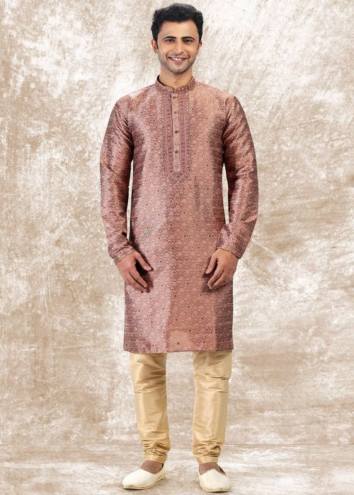 Mauve Pink Jacquard Kurta Pajama With Woven Work