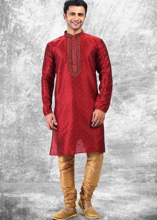 Maroon Jacquard Kurta Pajama With Zari Detailing