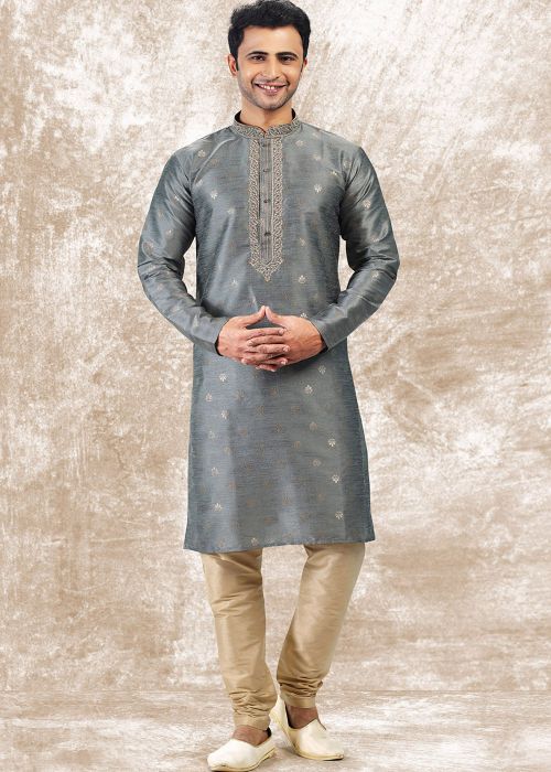 Grey Jacquard Kurta Pajama With Subtle Thread Work