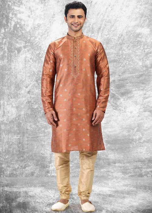 Dark Peach Jacquard Kurta Pajama With Woven Accents