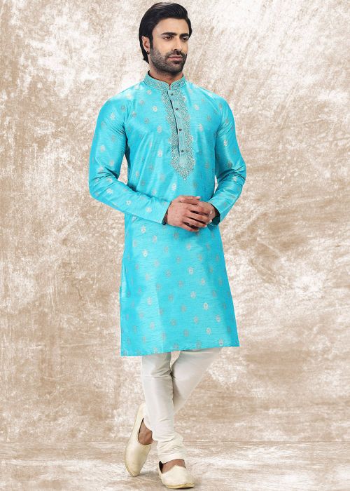Sky Blue Jacquard Kurta Pajama With Woven Work