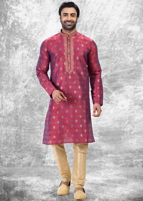 Pink Jacquard Kurta Pajama With Woven Accents