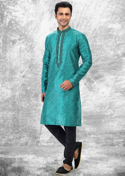 Teal Blue Jacquard Kurta Pajama With Woven Work