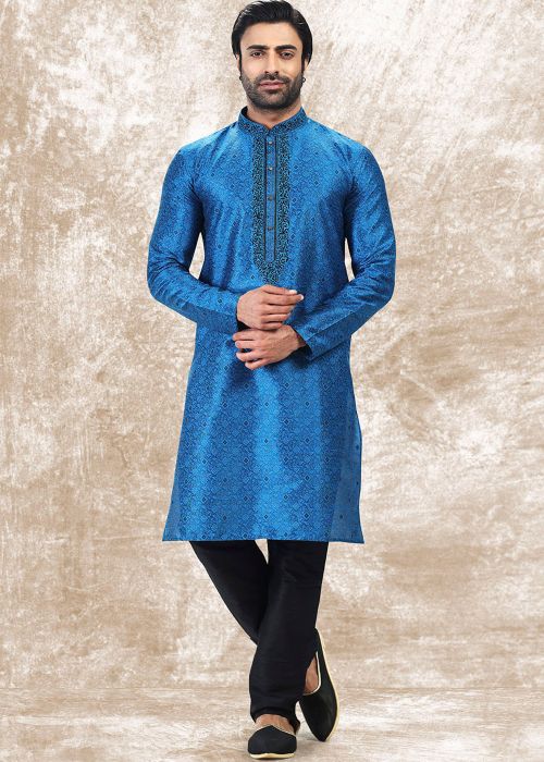 Blue Jacquard Kurta Pajama With Woven Accent
