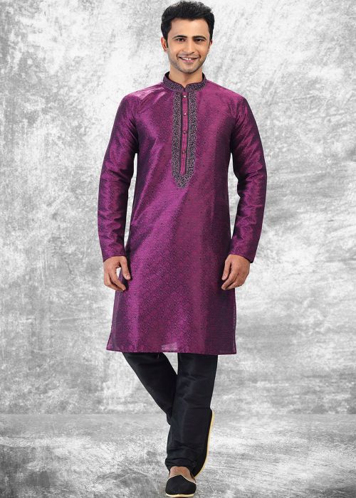 Purple Jacquard Kurta Pajama With Woven Detailing