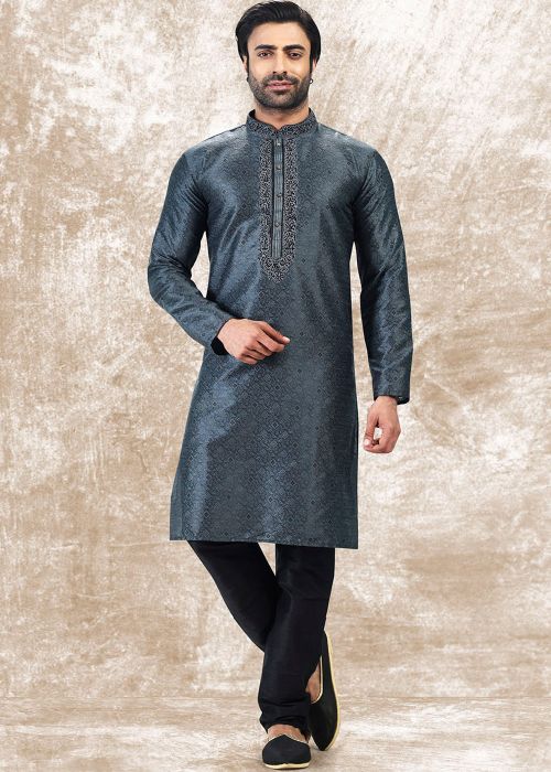 Grey Jacquard Kurta Pajama With Woven Detailing