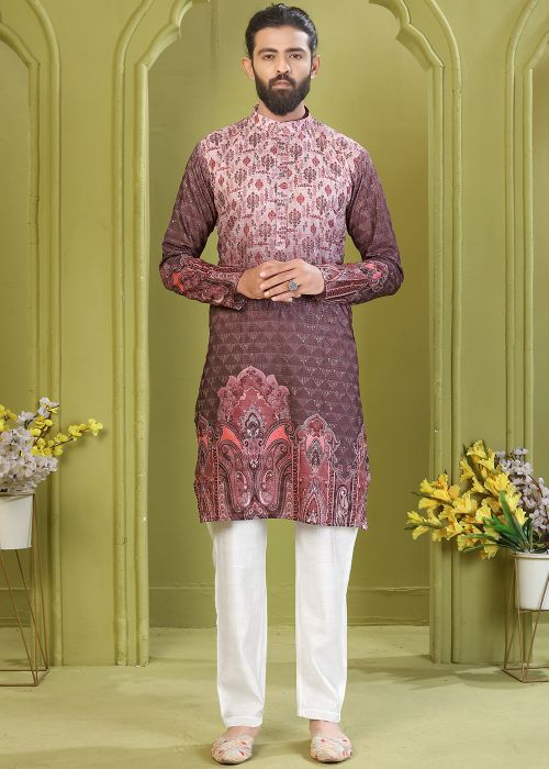 Maroon Cotton Men Kurta Pajama With Print