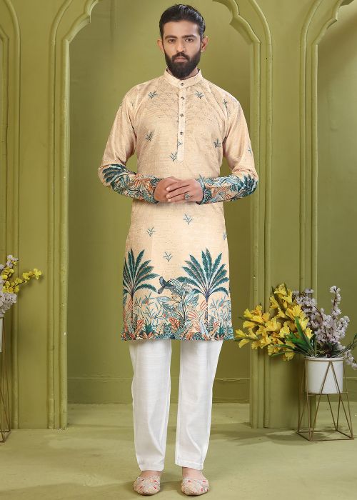 Beige Cotton Kurta Pajama With Printed Highlights