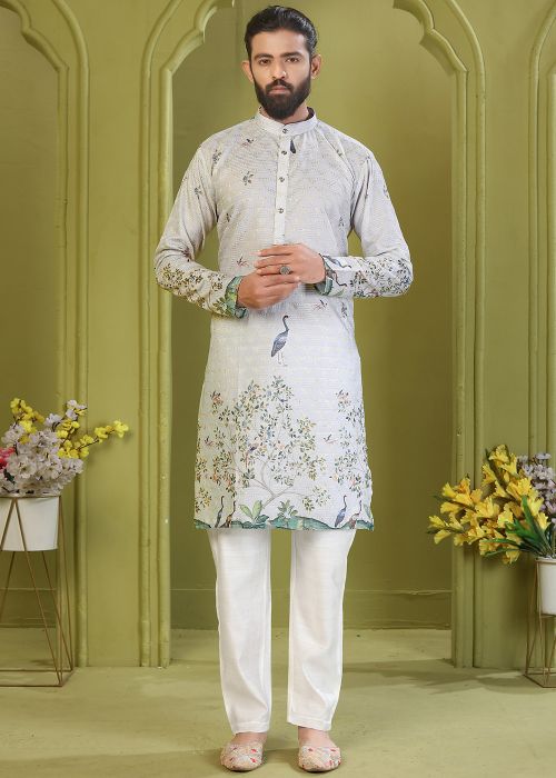 Men White Cotton Kurta Pajama With Print
