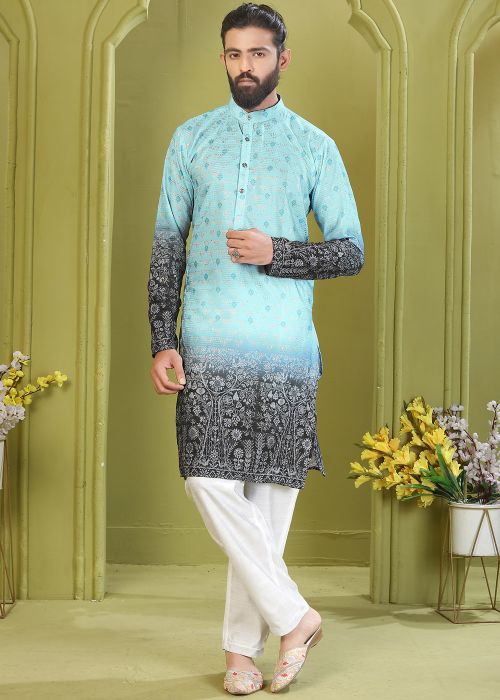 Blue Cotton Kurta Pajama With Printed Detailing