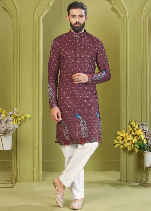 Wine Cotton Kurta Pajama With Peacock Motifs
