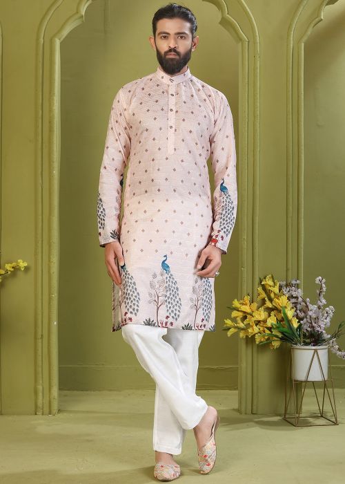 Peach Cotton Kurta Pajama With Peacock Print