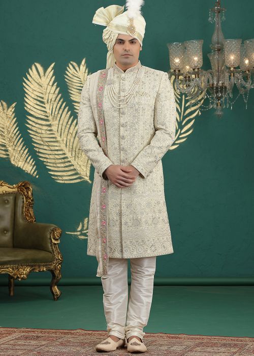 Cream Art Silk Sherwani With Sequins Embroidery