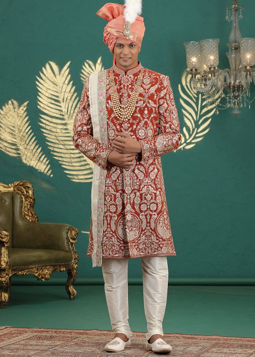 Red Art Silk Sherwani With Hand Embroidery