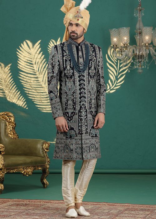 Navy Blue Art Silk Sherwani With Elephant Motifs
