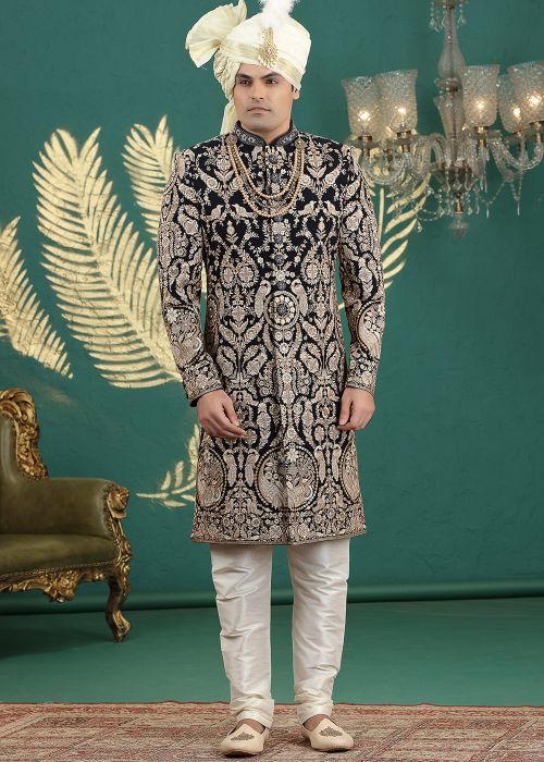 Black Art Silk Sherwani With Golden Embroidery