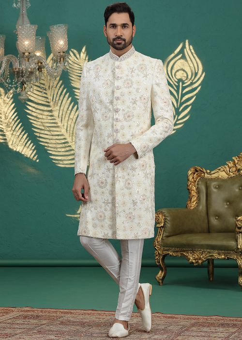 Cream Sherwani With Floral Sequin Embroidery