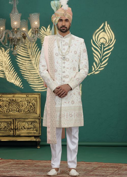 Cream Art Silk Sherwani With Pastel Detailing