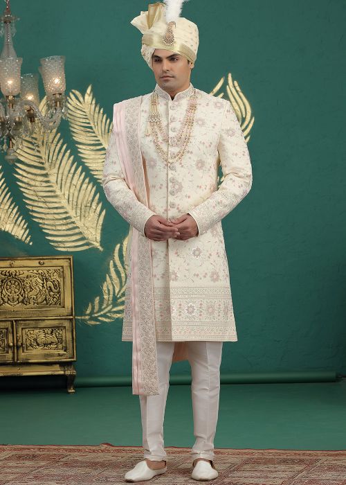 Light Golden Sherwani With Subtle Pink Embroidery