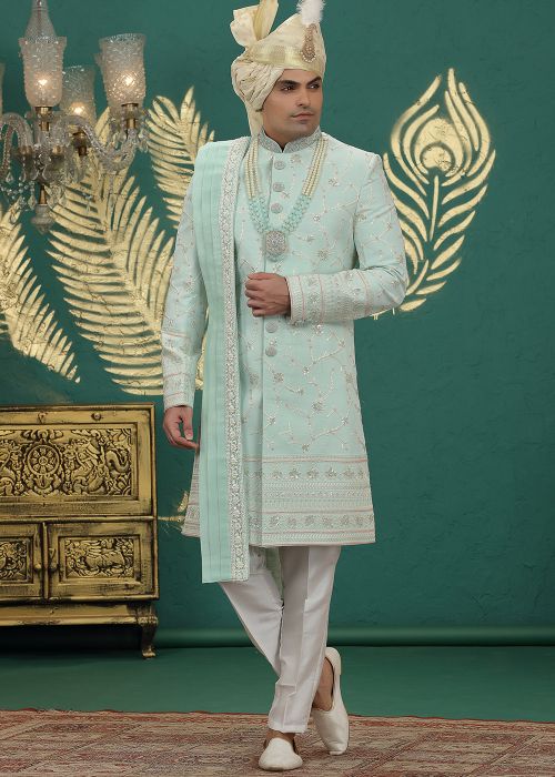 Mint Green Sherwani With Sequins Embroidery