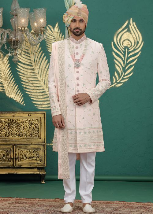 Blush Pink Sherwani With Sequins Embroidery