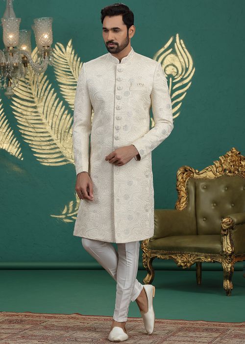 Cream Art Silk Sherwani With Thread Embroidery