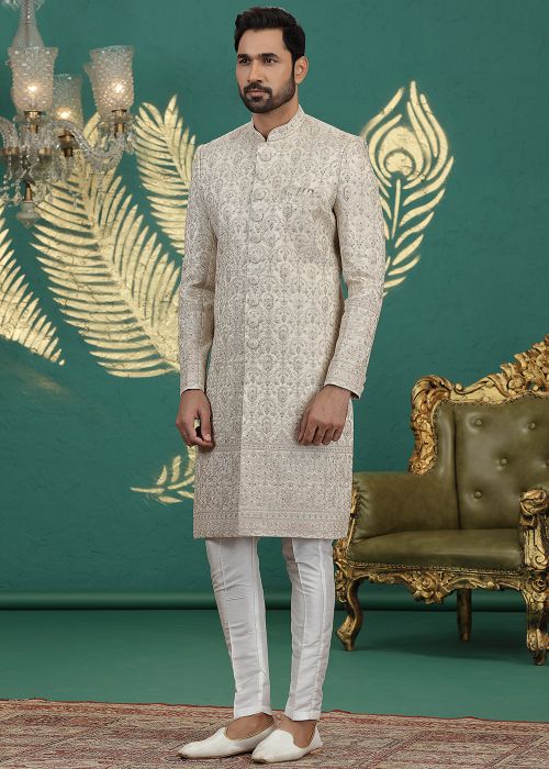 Beige Art Silk Sherwani With Embroidery