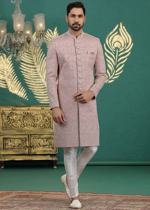 Pink Art Silk Sherwani With Hand Embroidery