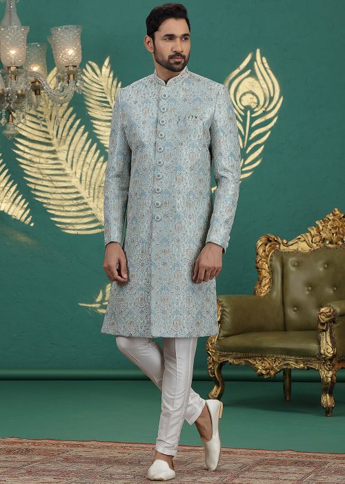 Blue Art Silk Sherwani With Intricate Work