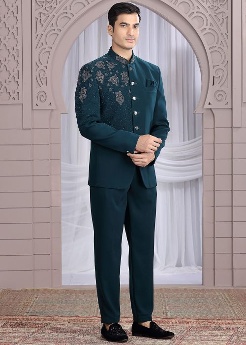Teal Blue Bandhgala Jodhpuri Jacket With Hand Embroidery